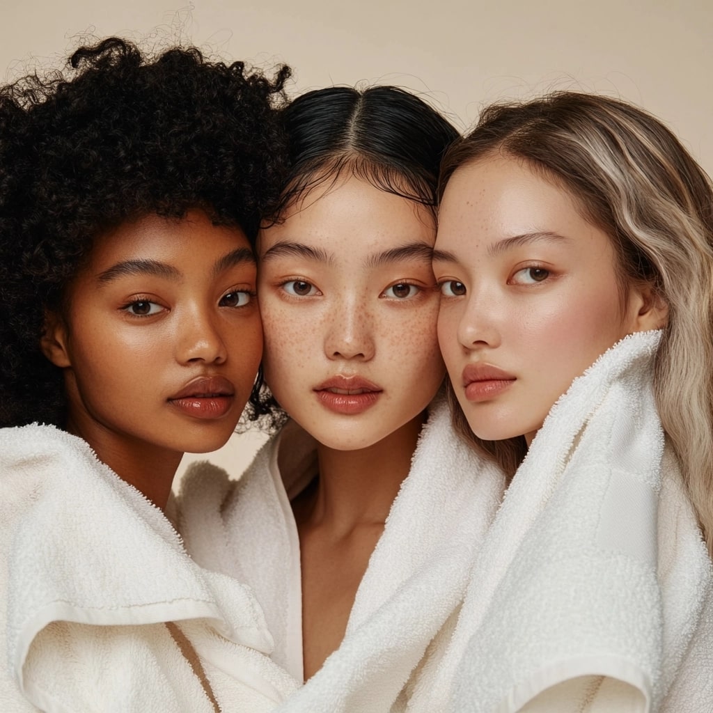 3 femmes asiatiques aux cheveux colorés, lisses et cheveux bouclés
